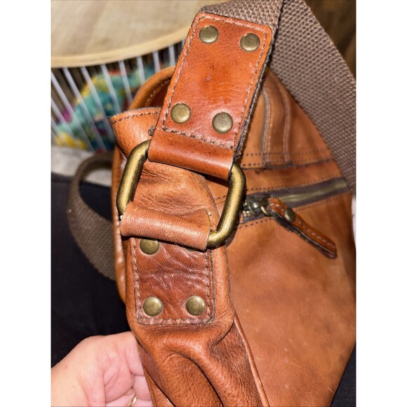 Fossil - Brandclub - Fossil Men Fossil Large Brown leather messenger Crossbody bag Purse Canvas Strap Flap Rivet